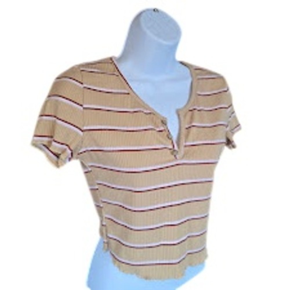 H&M Henley Crop‎ Top Women S Yellow Striped 90s Y2K Ribbed Lettuce Hem Skater